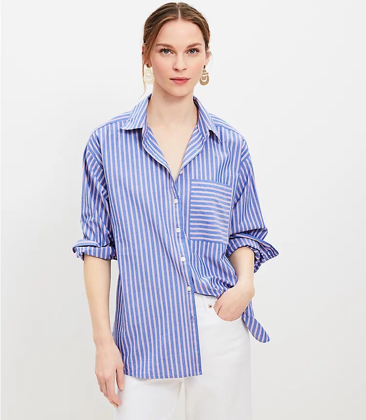 Striped Cotton Blend Oversized Pocket Shirt | Loft | LOFT