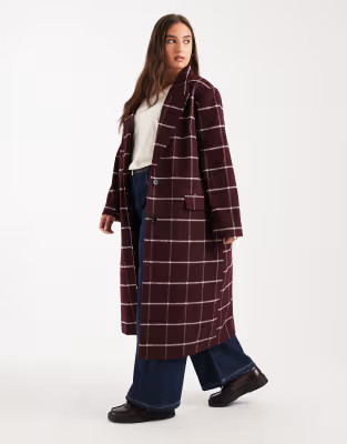 ASOS DESIGN Curve longline formal coat in burgundy plaid | ASOS (Global)