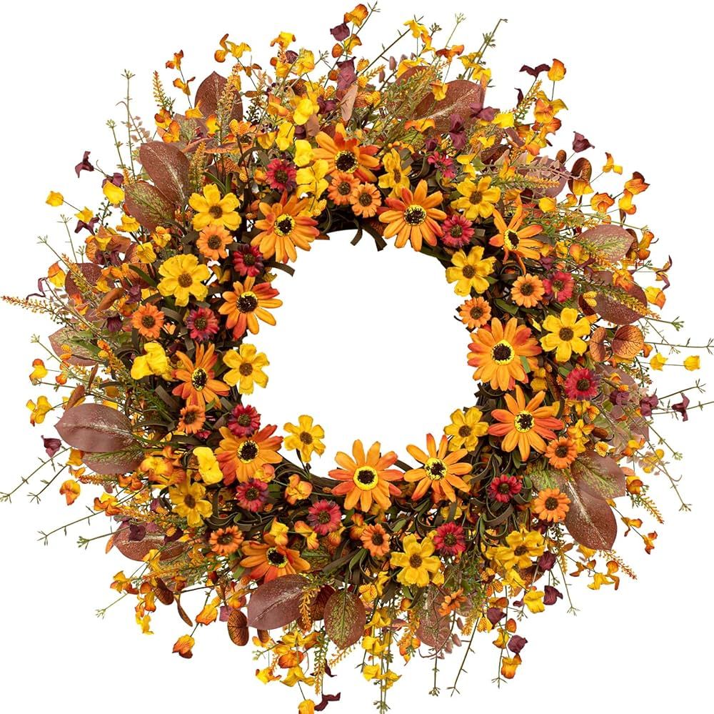 Fall Wreaths for Front Door 22 Inch Artificial Fall Wreath Orange Autumn Wreath with Wildflower a... | Amazon (US)