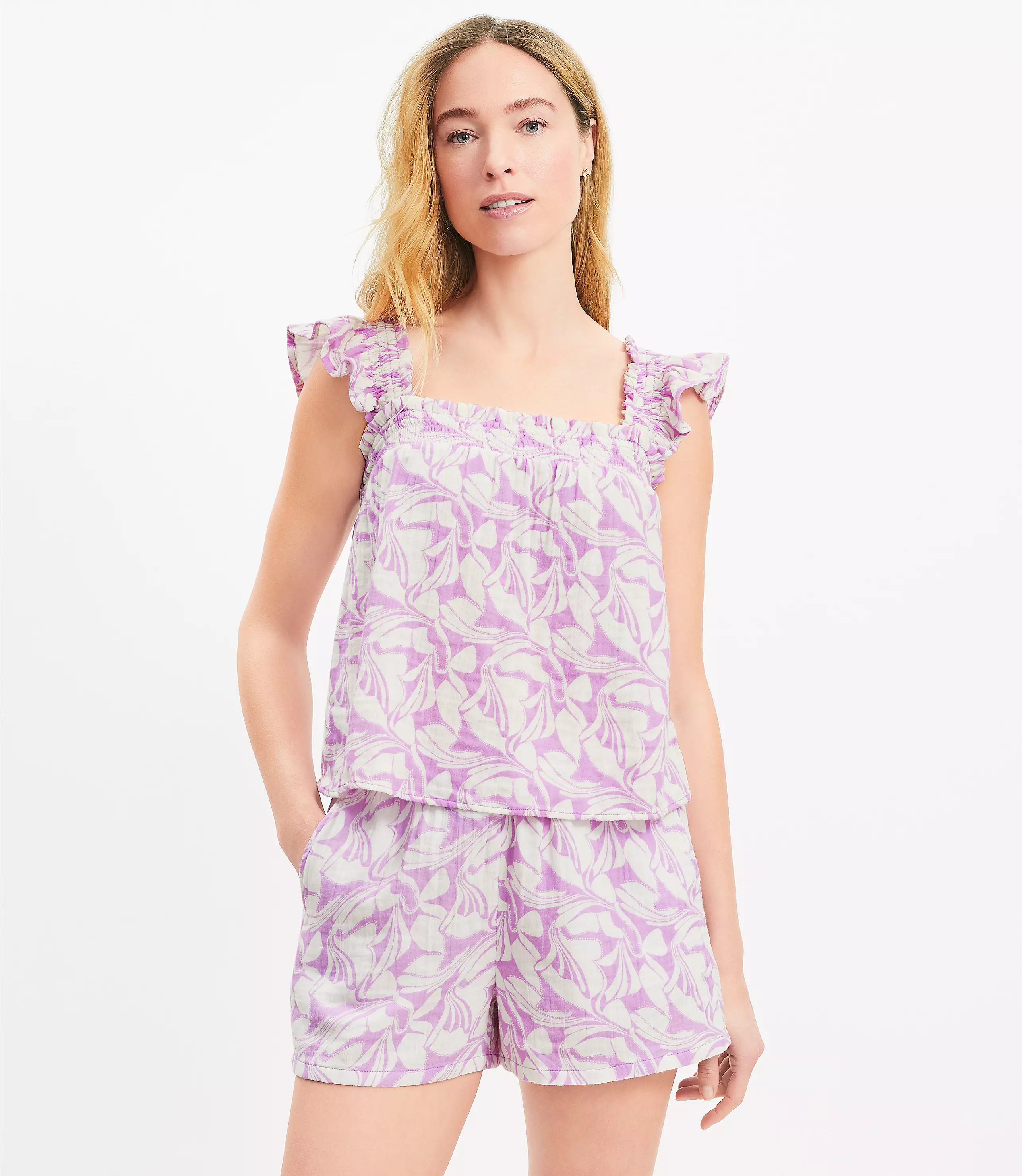 LOFT Beach Swirl Gauze Ruffle Strap Top | LOFT