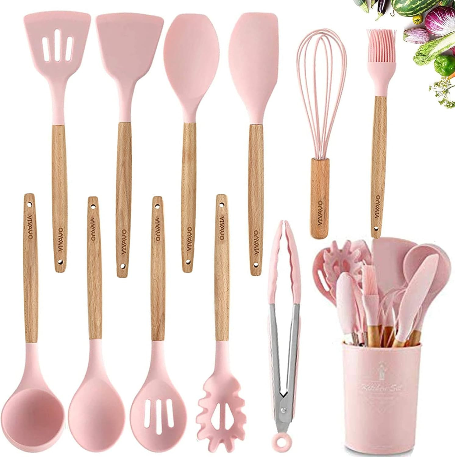 VIVAYO Silicone Cooking Utensil Kitchen Utensils Set, 12 Pieces Silicone Kitchen Utensil Wooden H... | Amazon (US)