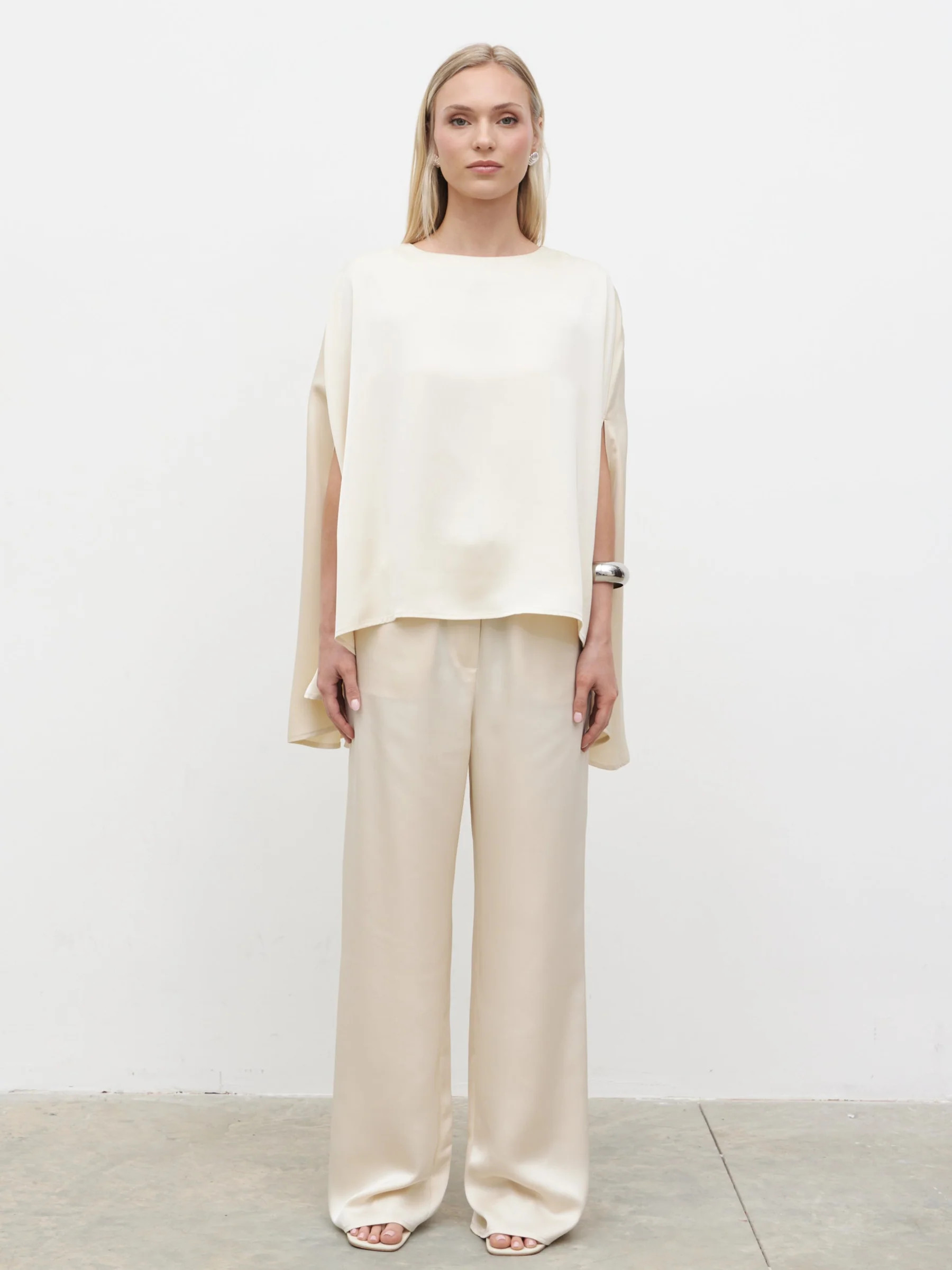 Breya Cape Floaty Satin Top - Oyster | Pretty Lavish (UK)