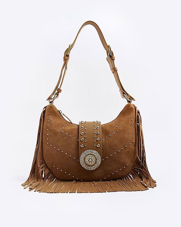 Brown suede embellished slouch bag | River Island (US)