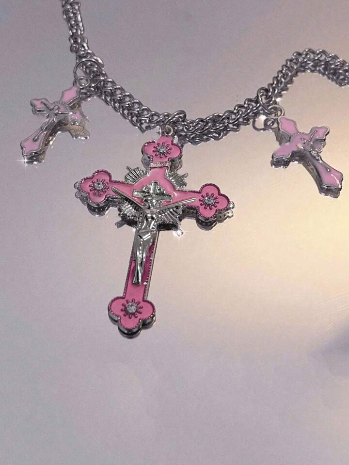 1pc Gothic Zirconia  Millennium Y2K Sun Pink Cross  Jesus Water Ripple Necklace For Couples Bar P... | SHEIN