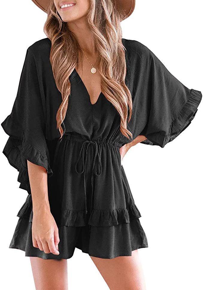 Valphsio Womens V Neck Beach Romper Ruffle Layered Drawstring Waisted Shorts Jumpsuit | Amazon (US)