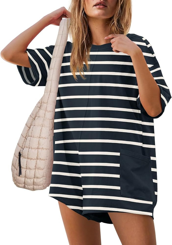 Yanekop Womens Oversized Romper Back V Neck Half Sleeve Jumpsuit Crewneck Tee Romper Overalls wit... | Amazon (US)