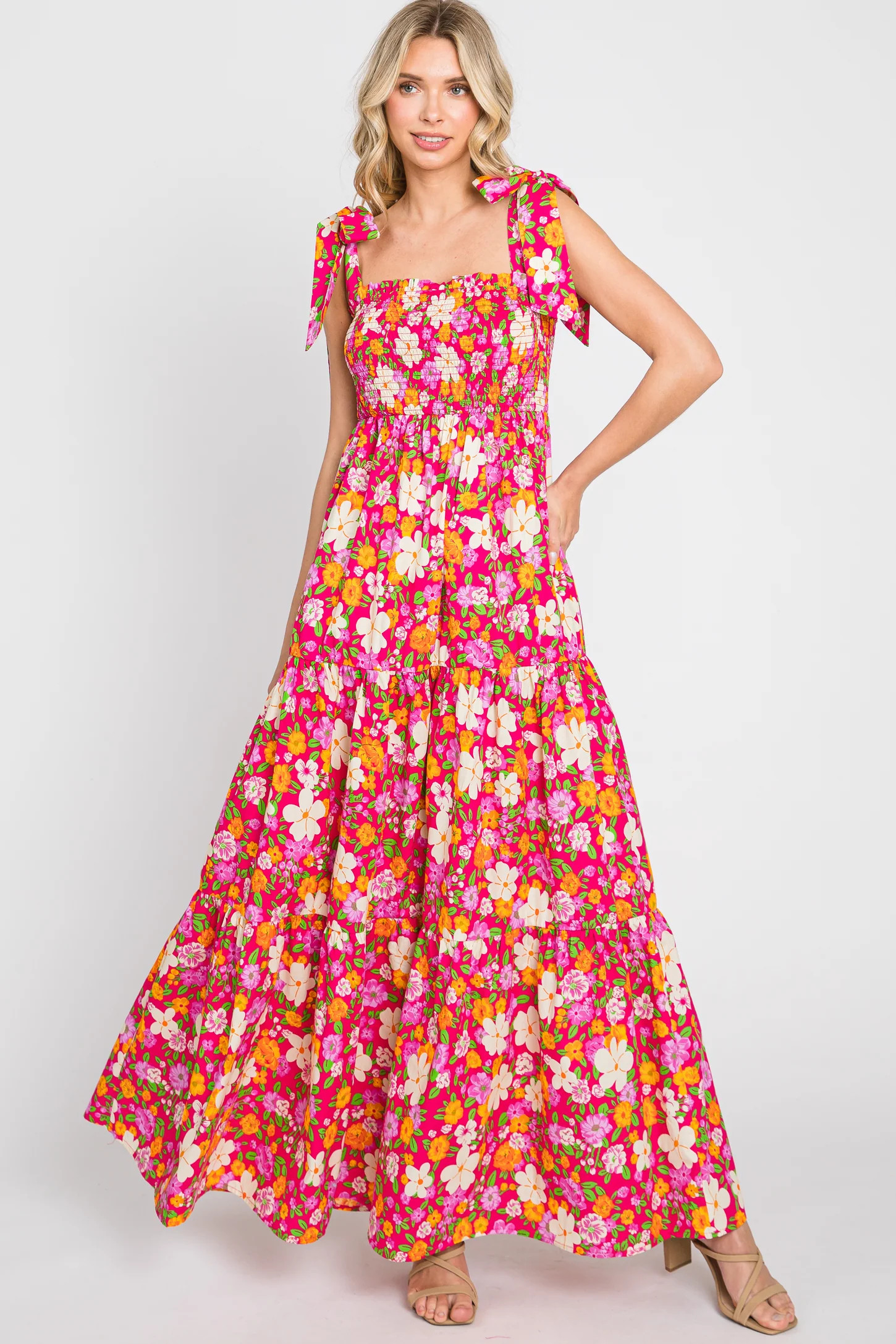 Fuchsia Multi-Color Floral Sleeveless Smocked Tiered Maxi Dress | PinkBlush Maternity