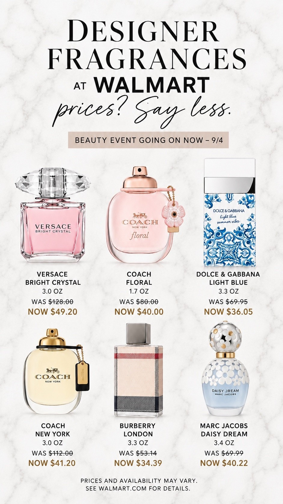 Designer fragrances at Walmart prices? Say less. ✨ Walmart’s Beauty Event is happening now through 9/4 with major markdowns on Coach, Versace, Burberry, Dolce & Gabbana, Marc Jacobs + more. Such a good time to restock a favorite or grab an early gift!

#WalmartFinds #WalmartBeauty #DesignerFragrance #PerfumeDeals #BeautyDeals