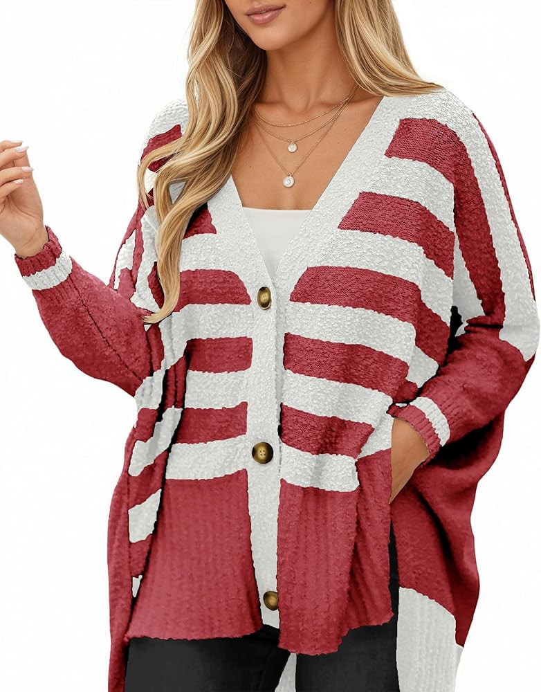 Saodimallsu Womens Oversized Striped Cardigan Sweaters V Neck Fuzzy Knit Button Up Side Slit Fall... | Amazon (US)