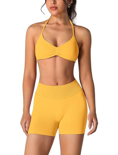 ABOCIW Women Seamless 2 piece Workout Sets Strappy Halter Sports Bra Scrunch Butt Lifting mpact Gym Shorts Active Wear Yoga Outfits #1 Yellow Medium | Amazon (US)
