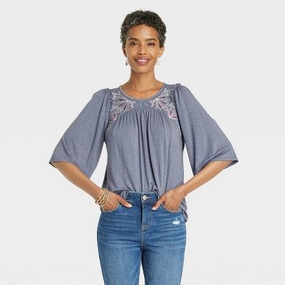 Women's Flutter Elbow Sleeve Embroidered Top - Knox Rose™ | Target