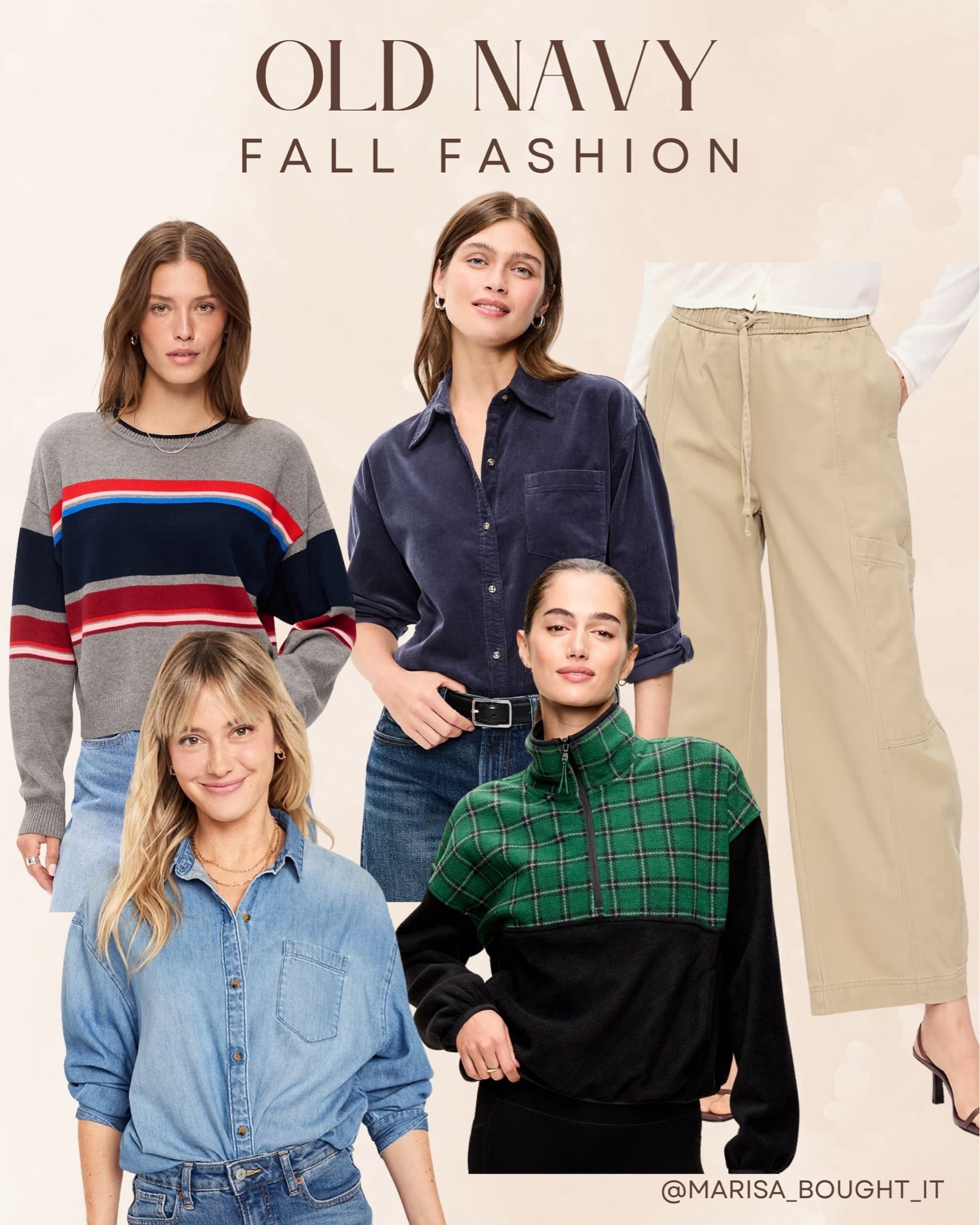 Old Navy fall fashion finds! 🍂

I styled cozy seasonal pieces including a striped crewneck sweater, a dark navy corduroy button-up shirt, a classic denim button-down, and a plaid fleece quarter-zip pullover.

I added wide-leg drawstring cargo pants to complete these easy everyday autumn looks. ✨

#OldNavy #OldNavyStyle #FallFashion #LTKunder50 #CasualStyle #AutumnOutfits #EverydayFashion #FallInspo

#LTKootd #LTKSeasonal