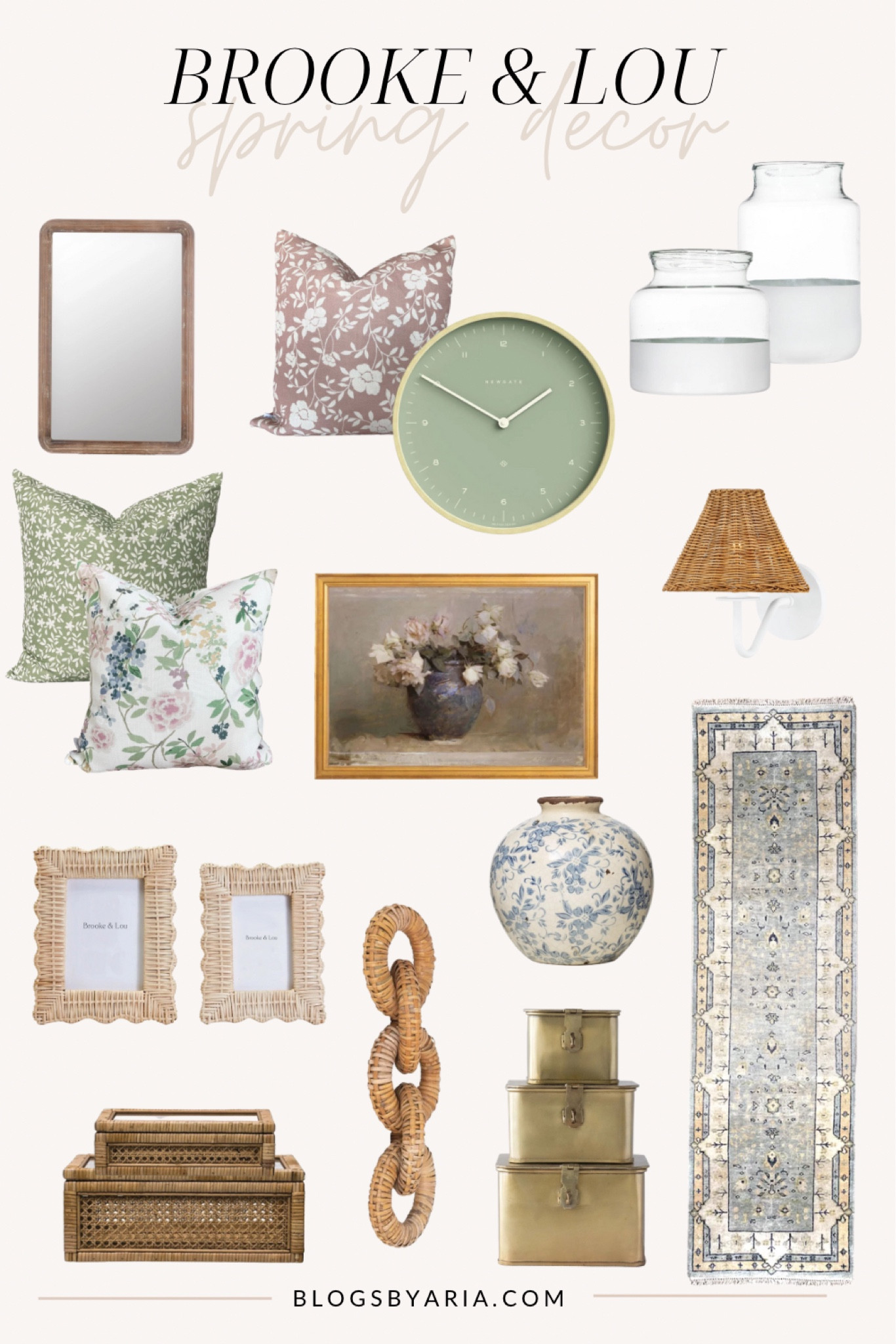Brooke & Lou spring home decor. Spring pillows, floral wall art, stacking boxes, white dipped vase, wall mirror, wall clock, woven chain, woven sconce 

#LTKSeasonal #LTKhome