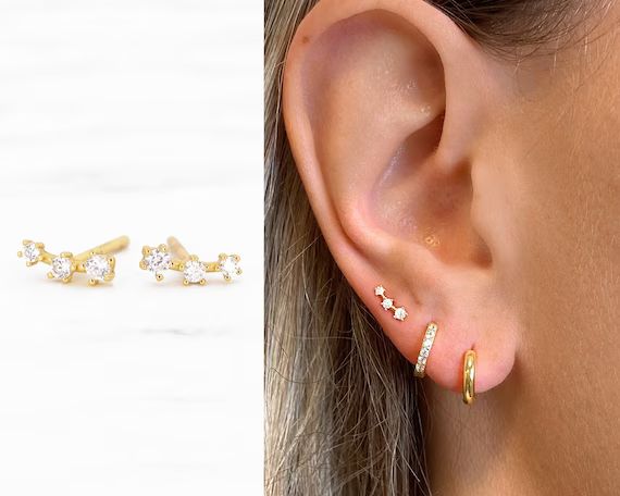 Tiny Climber Stud Earrings  CZ Dainty Earrings  Gold Studs  | Etsy | Etsy (US)