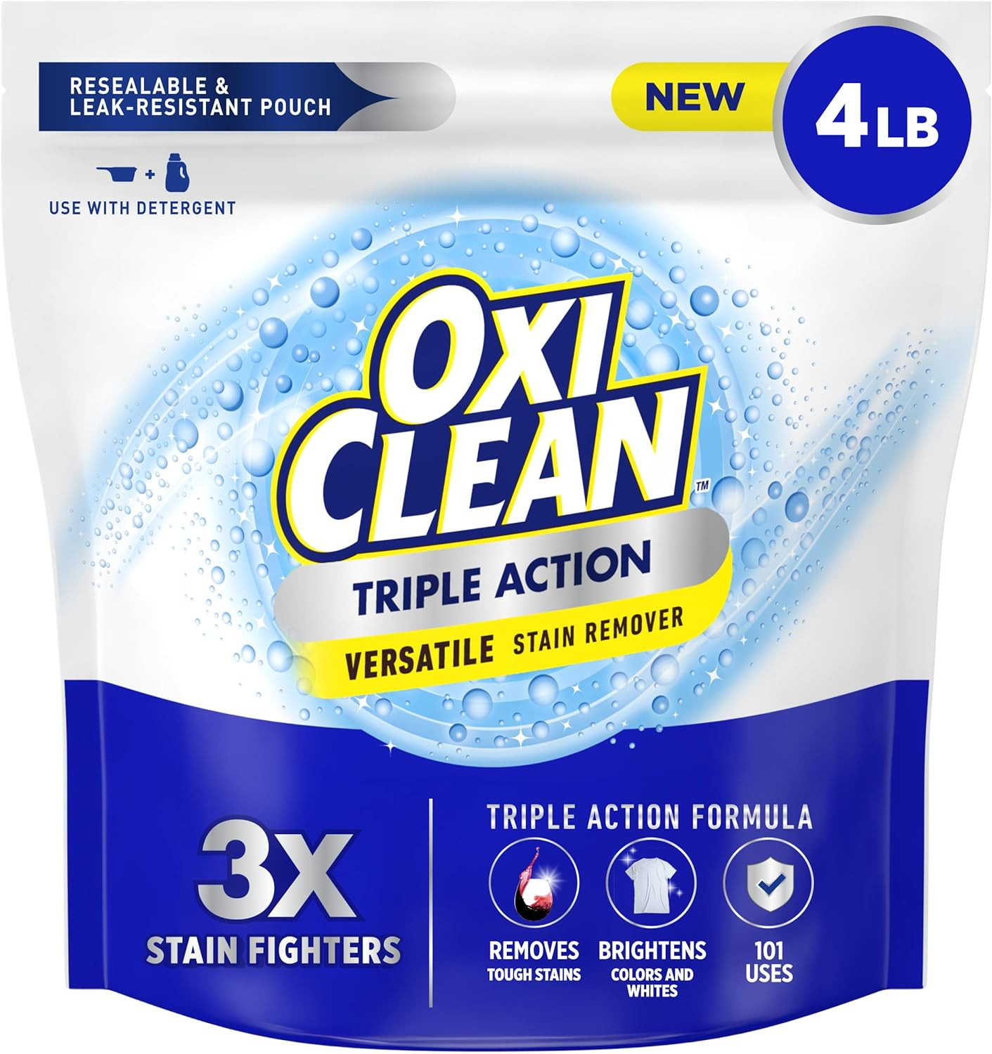 OxiClean Triple Action Versatile Stain Remover Powder, Use with Detergent, Removes Tough Stains like Grease, Blood and Grass, Brightens Colors and Whites, Chlorine Free, 4 lbs | Amazon (US)