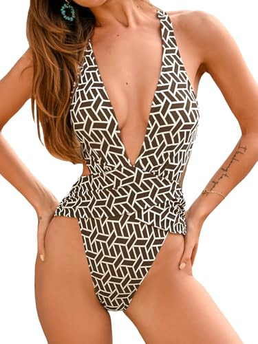 CUPSHE One Piece Swimsuit for Women Bathing Suit Cut Out Cross Back Tie Deep V Neck Ruched High Cut, M Brown/Beige | Amazon (US)