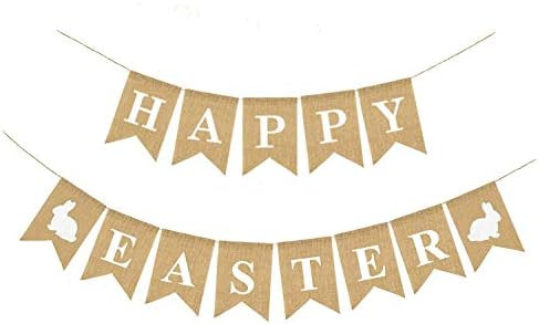 HAPPY EASTER Banner Flags, Easter Bunting Burlap Banner Garland with White Rabbit Bunny & Easter ... | Amazon (US)