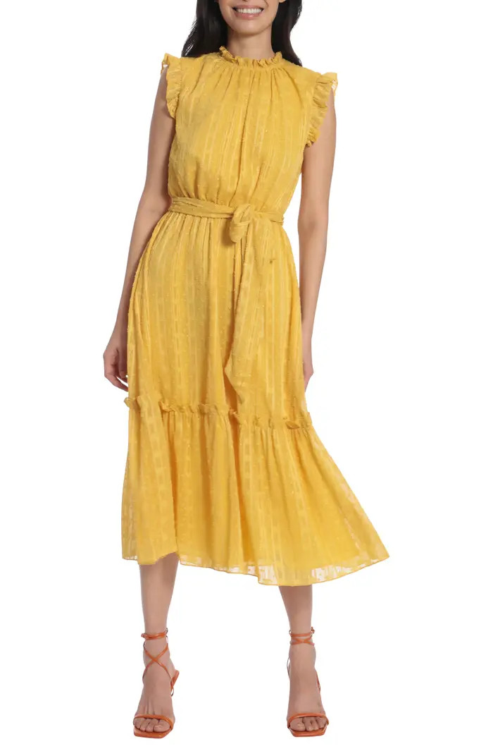 Maggy London Clip Dot Metallic Stripe Ruffle Midi Dress | Nordstrom | Nordstrom