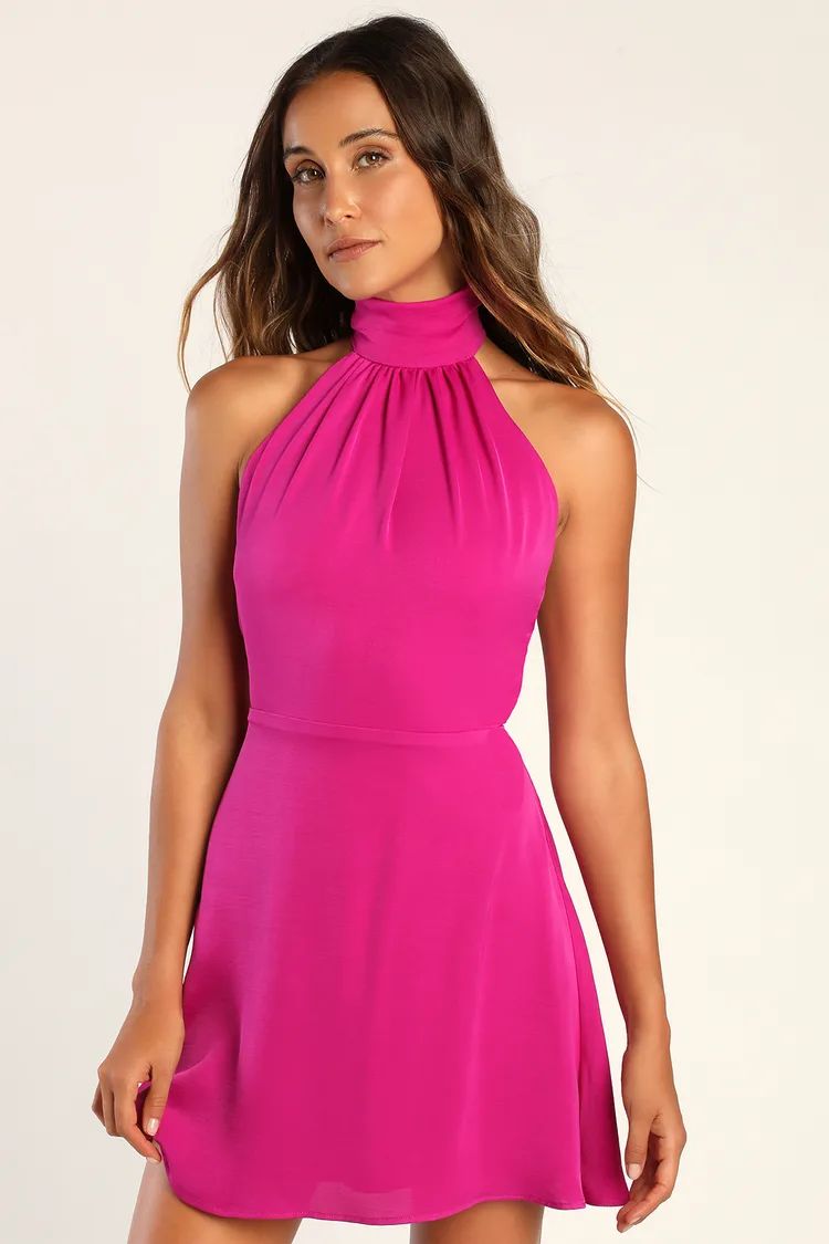 Give 'Em Glam Magenta Satin Sleeveless Halter Mini Dress | Lulus (US)