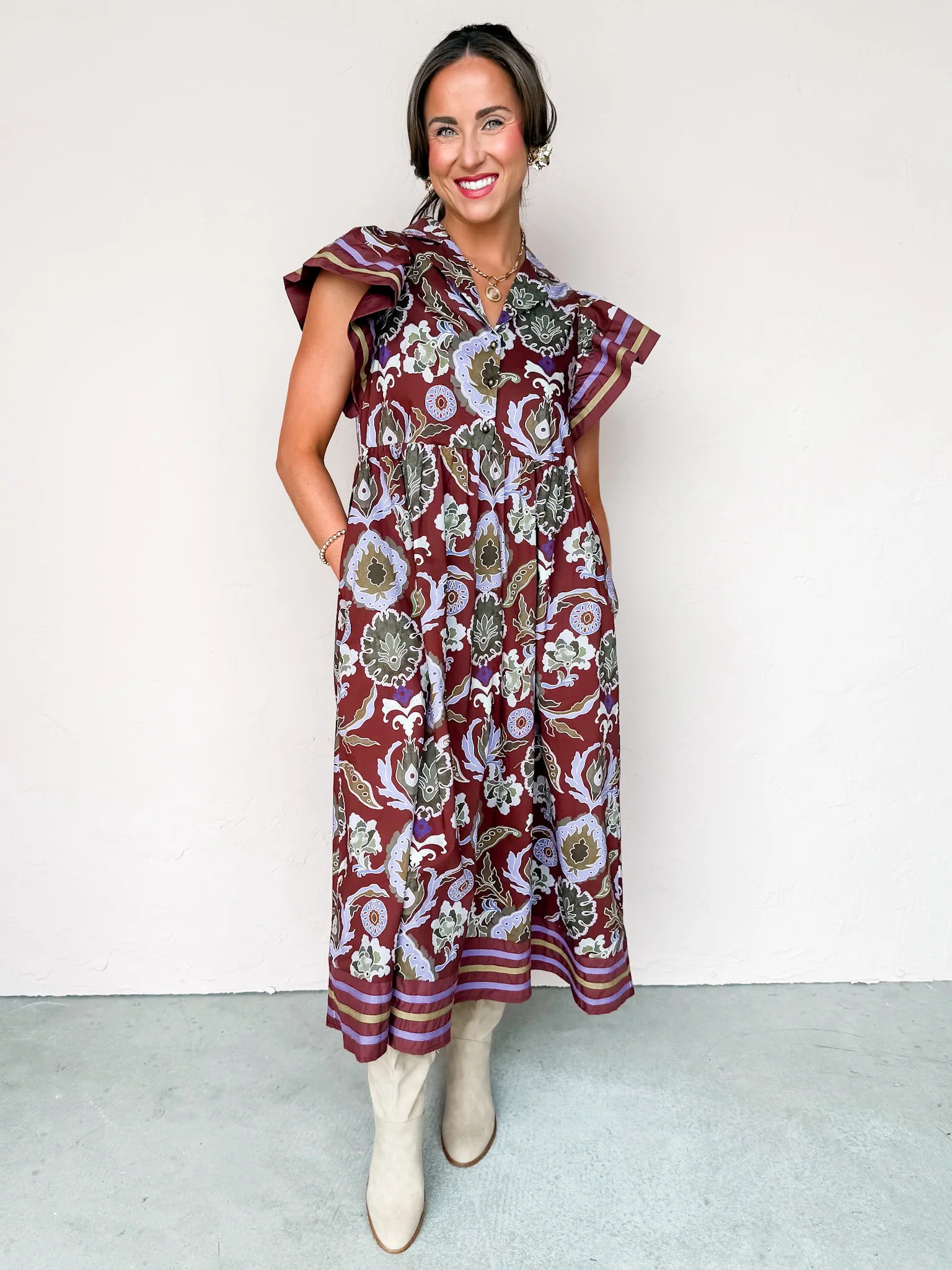 In No Rush Printed Flutter Sleeve Midi Dress | Ruthie Grace