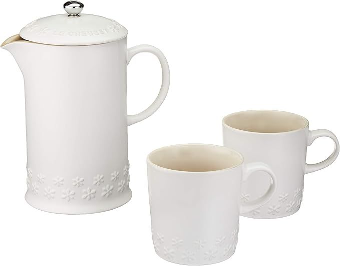 Le Creuset Stoneware French Press & Set of 2 Mugs, 27 oz., Cotton w/Fleur Emboss | Amazon (US)