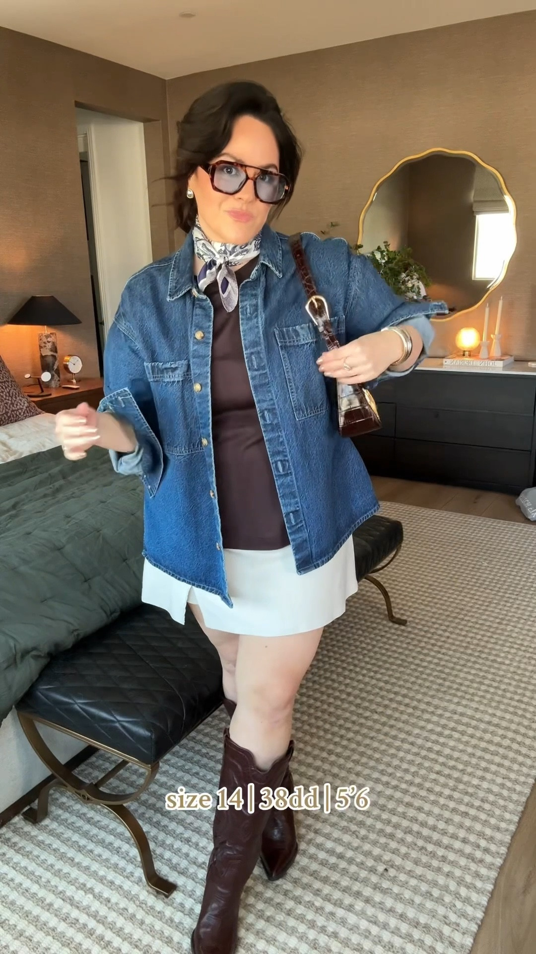 Day 24 of 30 everyday outfit challenge! Midsize spring western outfit Tinted lense Glasses- amazon Wide calf western Boots- Sam Edelman Skirt- old Target, Wild Fable XL Brown lightweight tee- H&M- XL Denim shirt- large Spanx smoothing undies size up one - 1x (code TTxSpanx)

#LTKStyleTip #LTKMidsize #LTKSeasonal