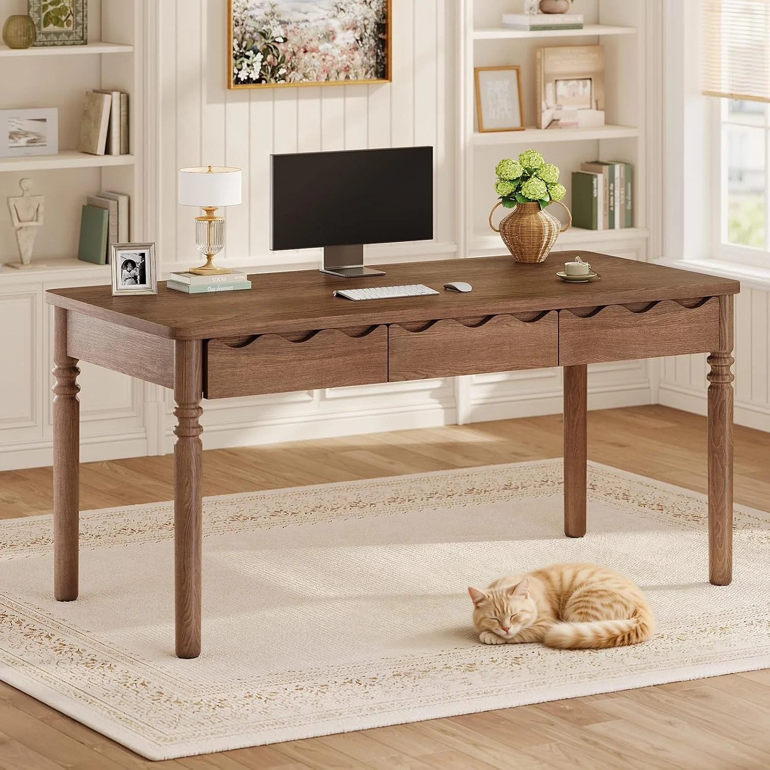 47" Solid Pine Wood Computer Desk, Home Office Executive Desk with 3 Wave Carved Drawers, Vintage Wood Writing Study Table & Makeup Vanity Desk for Be | Wayfair North America