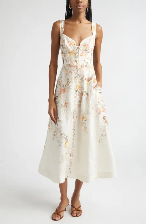 Zimmermann Luna Buttoned Linen Picnic Midi Dress in Cream Songbird at Nordstrom, Size 0P | Nordstrom