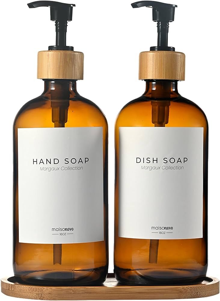 MaisoNovo Kitchen Soap Dispenser Set with Tray | Bamboo Glass Amber Set x 2 | Amazon (US)