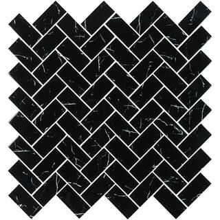 Nero Marquina 2x4 Herringbone 11.81 in. x 11.61 in. x 8 mm Glossy Glass Mesh-Mounted Mosaic Wall ... | The Home Depot