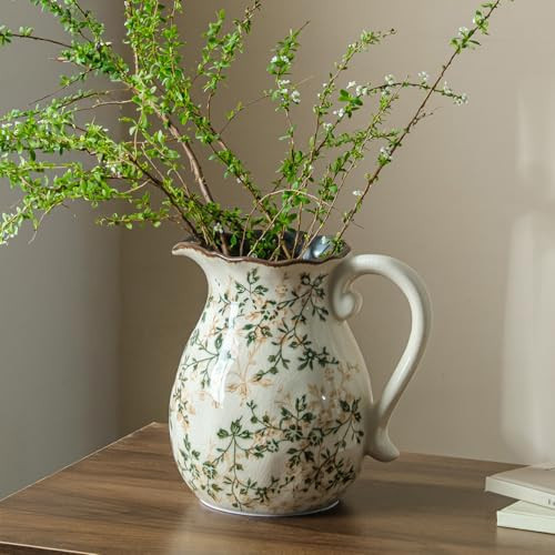 Green and White Vintage Vase with Handle, Chinoiserie Floral Pitcher Vase, Rustic Ceramic Farmhouse Vases for Home Decor, Living Room, Bookshelf, Office, Grand Millennial Decors, Tuscan Decor 7.9 Inch | Amazon (US)