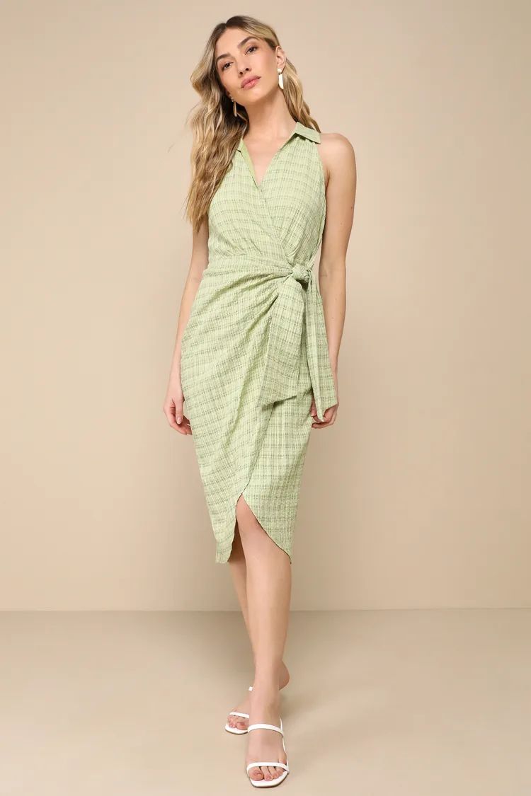 Complete Poise Green Textured Collared Tie-Front Wrap Midi Dress | Lulus