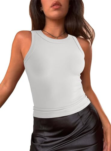 Ribbed White Tank Tops for Women Sleeveless Basic Cami Top Shirt Slim Knit Seamless Racerback Blouses White L | Amazon (US)