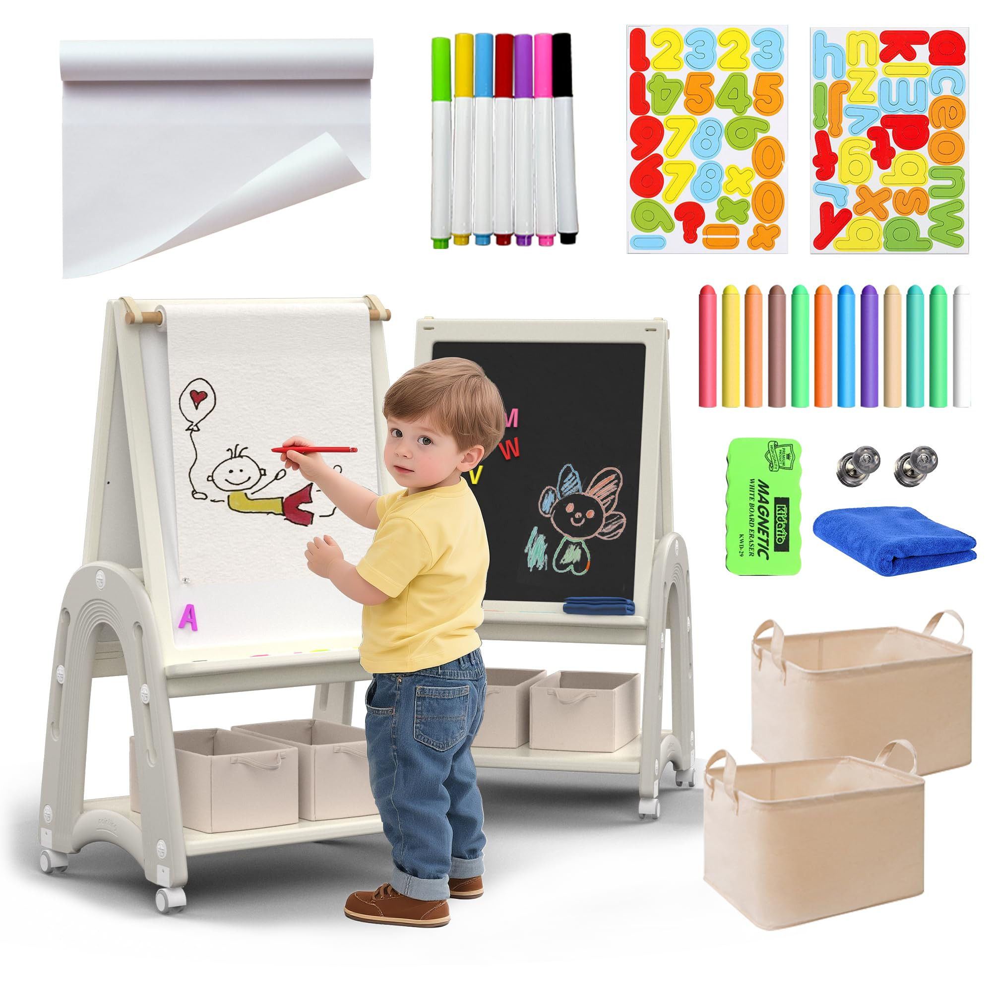 3-in-1 Art Easel for Kids Ages 2-8 with Wheels, Whiteboard, Chalkboard & Paper Roll Adjustable To... | Amazon (US)