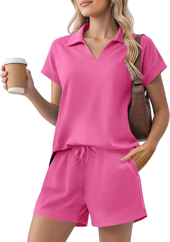 PINSPARK 2 Piece Sets for Women Summer Lounge Sets Short Sleeve Sweatsuit V-neck Tops and Drawstr... | Amazon (US)