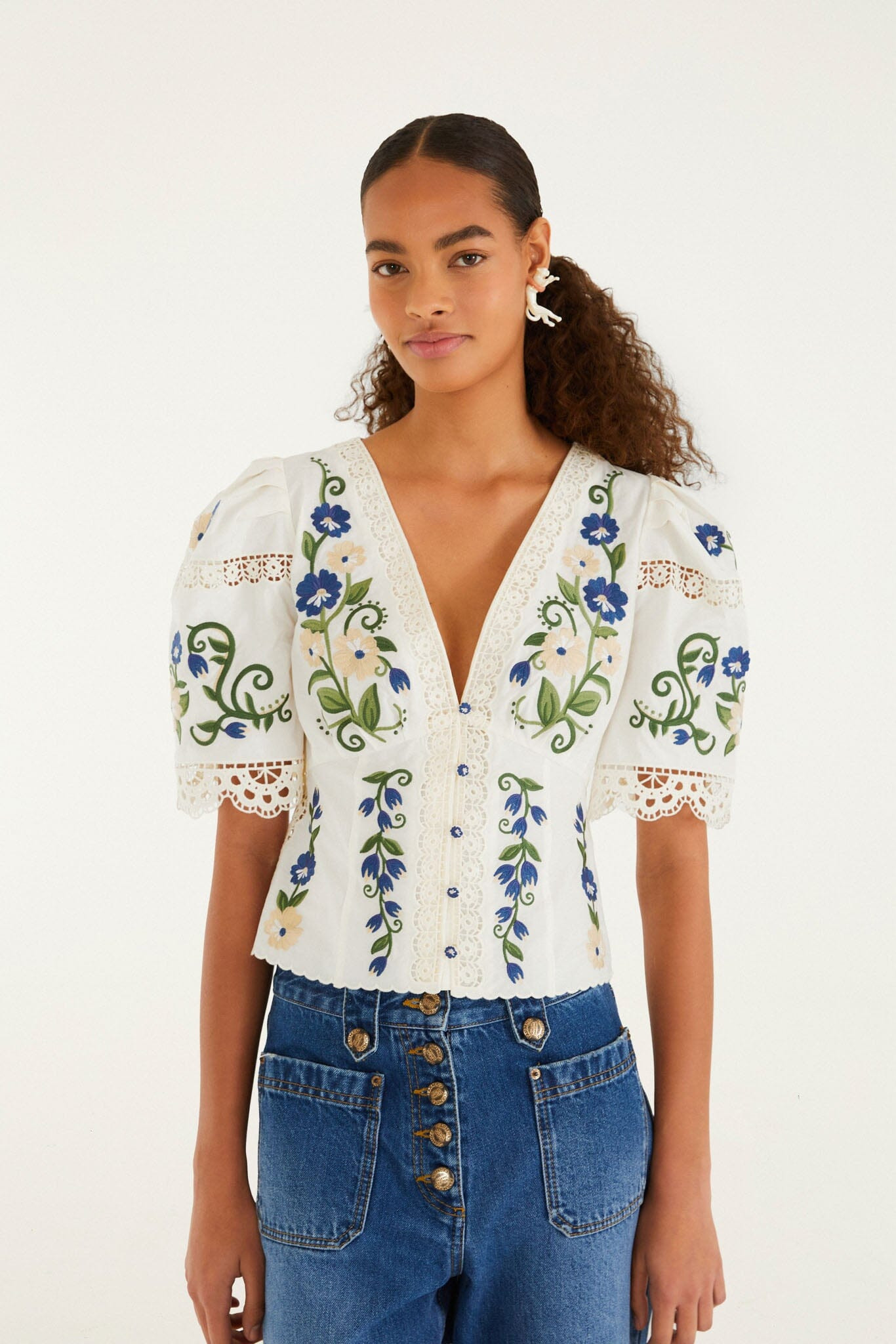 Off-White Countryside Land Embroidered Lace Blouse | FARM Rio | FarmRio (US)