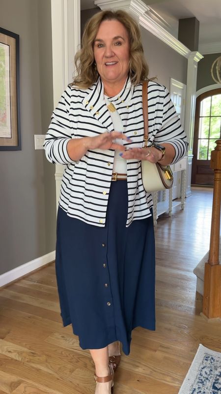 Jacket sizeXL
SKIRT size large. 
Navy skirt is lightweight and required no steaming out of the box. It’s be good for travel! 

Work outfit church outfit navy shirt striped jacket 4th of July outfit 


#LTKOver40 #LTKFindsUnder50 #LTKWorkwear