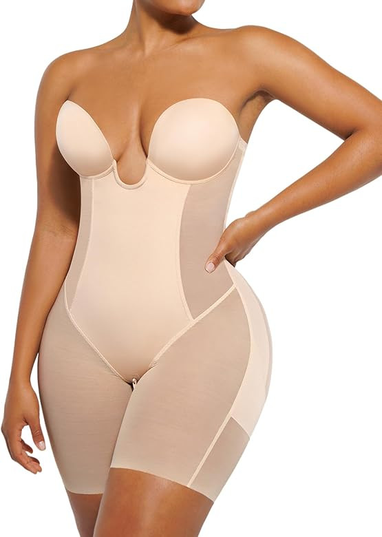 SHAPELLX Strapless Shapewear for Women Deep Plunge Corset Tummy Control Backless Bodysuit Mid Thi... | Amazon (US)