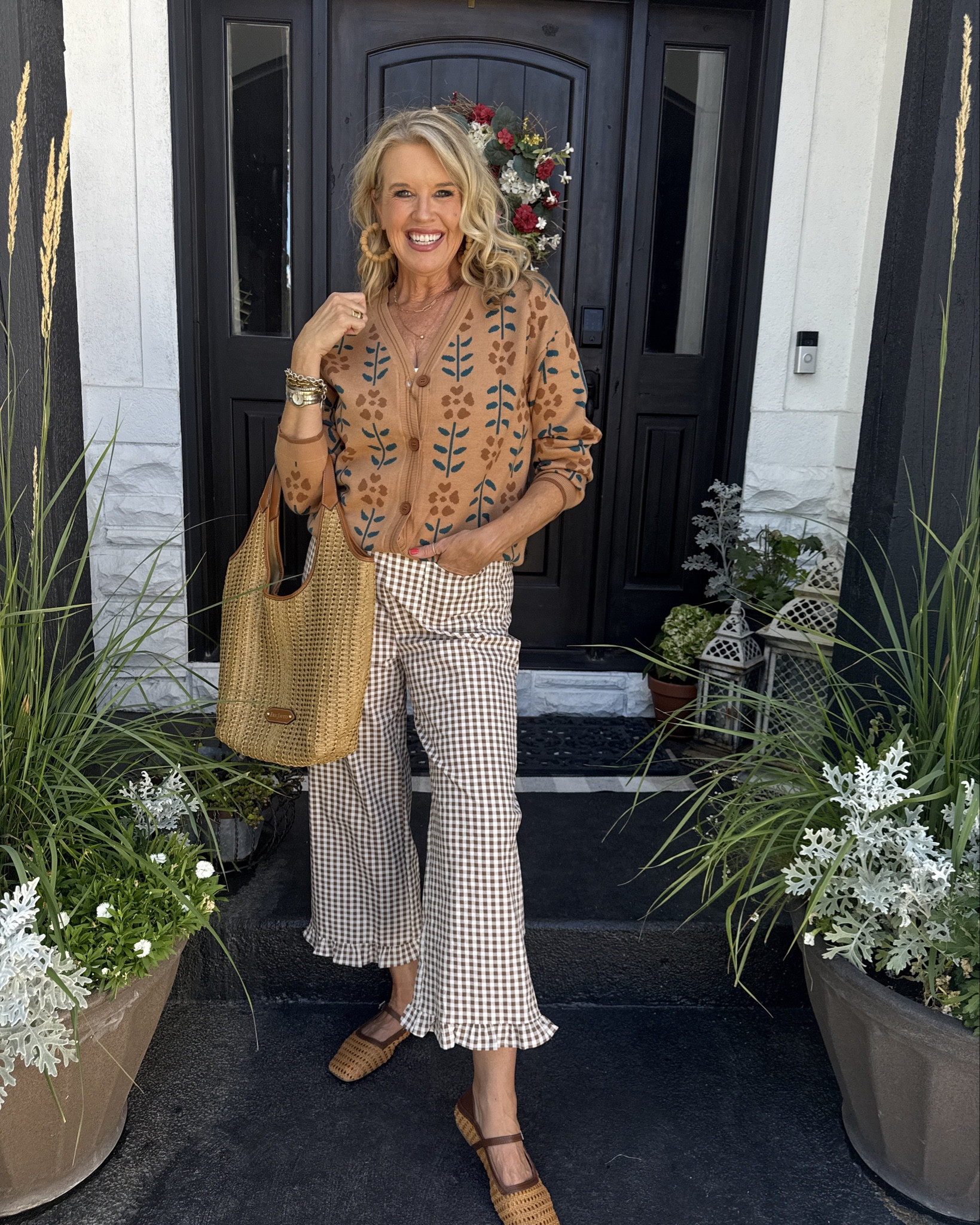 Amazon Fashion Finds for the win✔️

Outfit inspo to wear now and later! Summer to Fall

Autumn color floral sweater cardigan. Soft, a great weight and could be worn alone or layered. Fits tts i am in a med 

I am wearing a white tank top underneath in a small

The cutest Anthropologie inspired gingham front pocket ruffled hem crop pants (these are thin but not see thru and super comfortable) fit tts in a med (a little big) but I know they’ll shrink when I wash them and comes in several colors 

Cane and leather trimmed Mary Jane’s, I’ve worn on repeat since spring and will wear into Fall.
Tts I am in a size 8

Amazon Find raffia ball hoop earrings $8.99-12  comes in several colors 

A beautiful Cane and leather tote by Eric Jarvis (splurge) and worth every penny 



#LTKStyleTip #LTKFindsUnder50 #LTKautumn