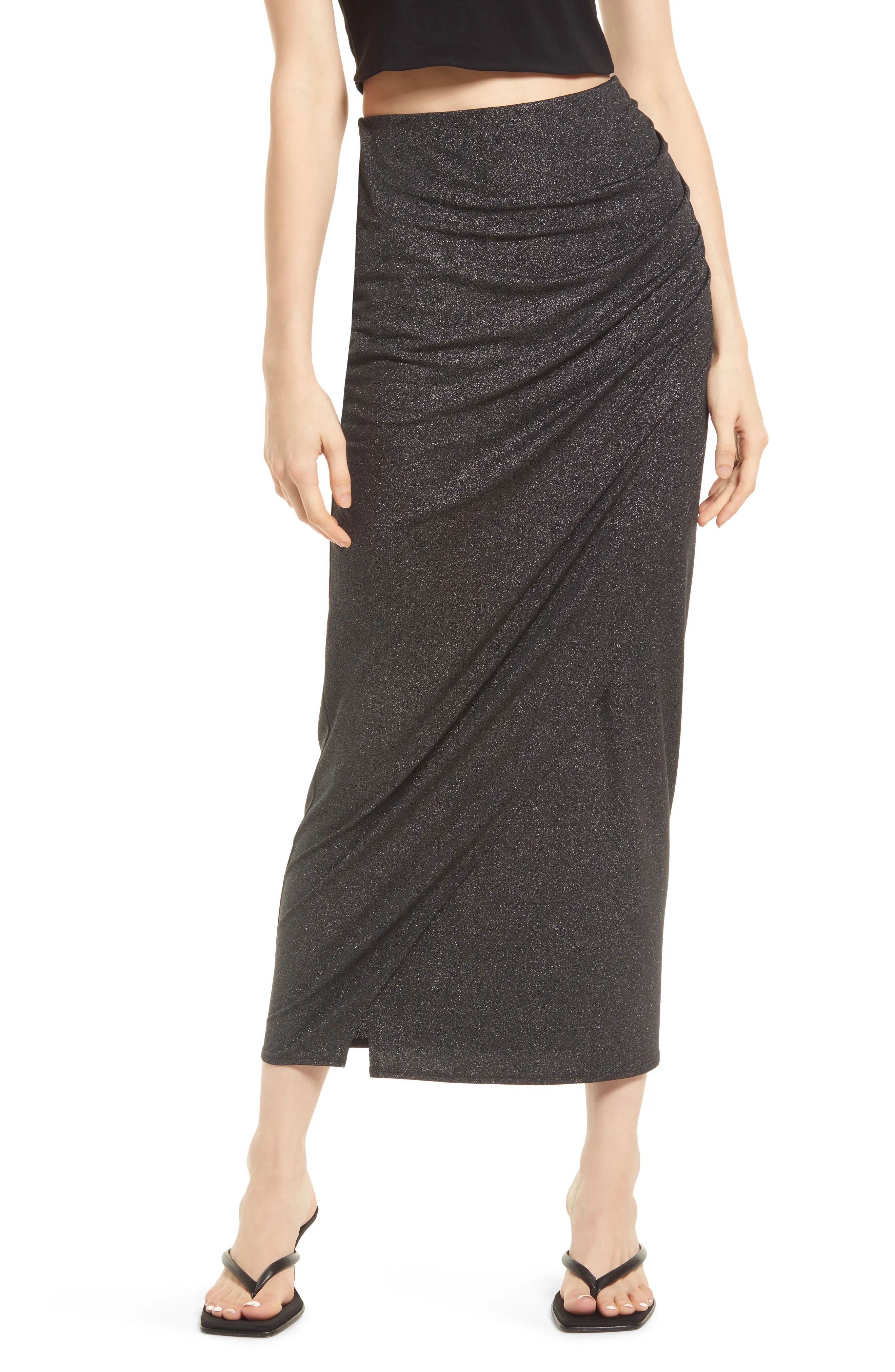 Open Edit Draped Sparkle Midi Skirt, Size X-Small in Black at Nordstrom | Nordstrom