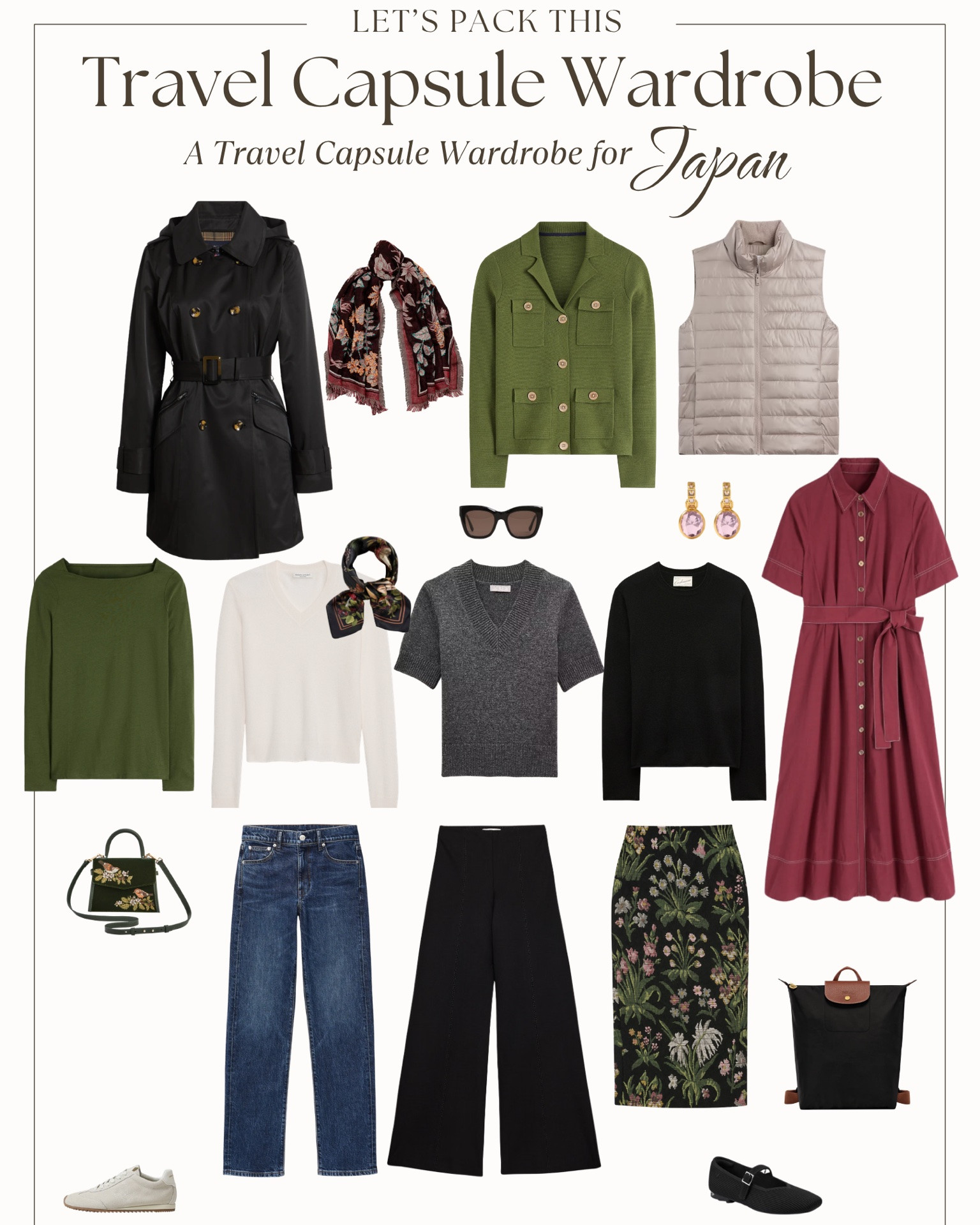 A fall Japan travel capsule wardrobe needs to handle a surprisingly wide range of conditions: warm afternoons, cooler mornings and evenings, lots of walking, occasional rain, and plenty of days that start with sightseeing and end at dinner.

For this capsule, I planned around a classic Tokyo + Kyoto itinerary in early to mid October, with temples and shrines, neighborhoods and markets, train travel, casual dinners, and a few nicer evenings.

The strategy: lightweight pieces you can wear alone when it’s warm, layers that stack when temperatures drop, and shoes chosen for the realities of traveling in Japan.

This capsule includes:
5 tops
3 bottoms
1 dress
2 layers
2 shoes
plus a raincoat, packable day bag, and accessories

The shoes matter especially here.  Japan can mean very high step counts, and you may also be taking your shoes on and off at temples, restaurants, and traditional accommodations.  Comfortable, tested shoes are a must.

For changing fall weather, I’m separating warmth from weather protection: lightweight knits and a packable vest for warmth, with the trench for rain and wind.  Wear them separately or stack them when it’s both cool and wet.

The result: 16+ outfits from 11 core clothing pieces, with enough flexibility for warm days, cooler evenings, sightseeing, and dinner.  And yes…it all fits in a carry-on suitcase.

Not headed to Japan?  This same fall travel capsule formula can work for Paris, Prague, Budapest, Vienna, New York, and other destinations with mild days and cooler mornings and evenings.  Just adjust the layers and shoes to your forecast.

#LTKOver40 #LTKTravel