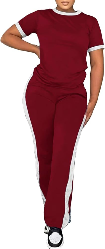 PINSV Women's 2 Piece Outfits Short Sleeve Tops Sweatpants Colorblock Bodycon Lounge Sets Tracksu... | Amazon (US)