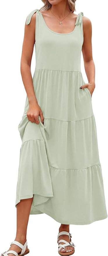 Wenrine Womens Sundress Summer Maxi Dress Casual Tie Strap Sleeveless V Neck Tiered Loose Flowy B... | Amazon (US)