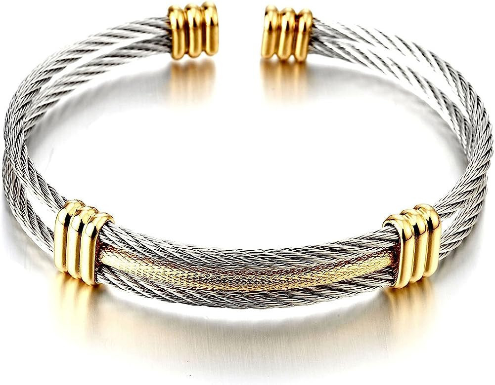 COOLSTEELANDBEYOND Men Women Stainless Steel Twisted Cable Adjustable Cuff Bangle Bracelet | Amazon (US)