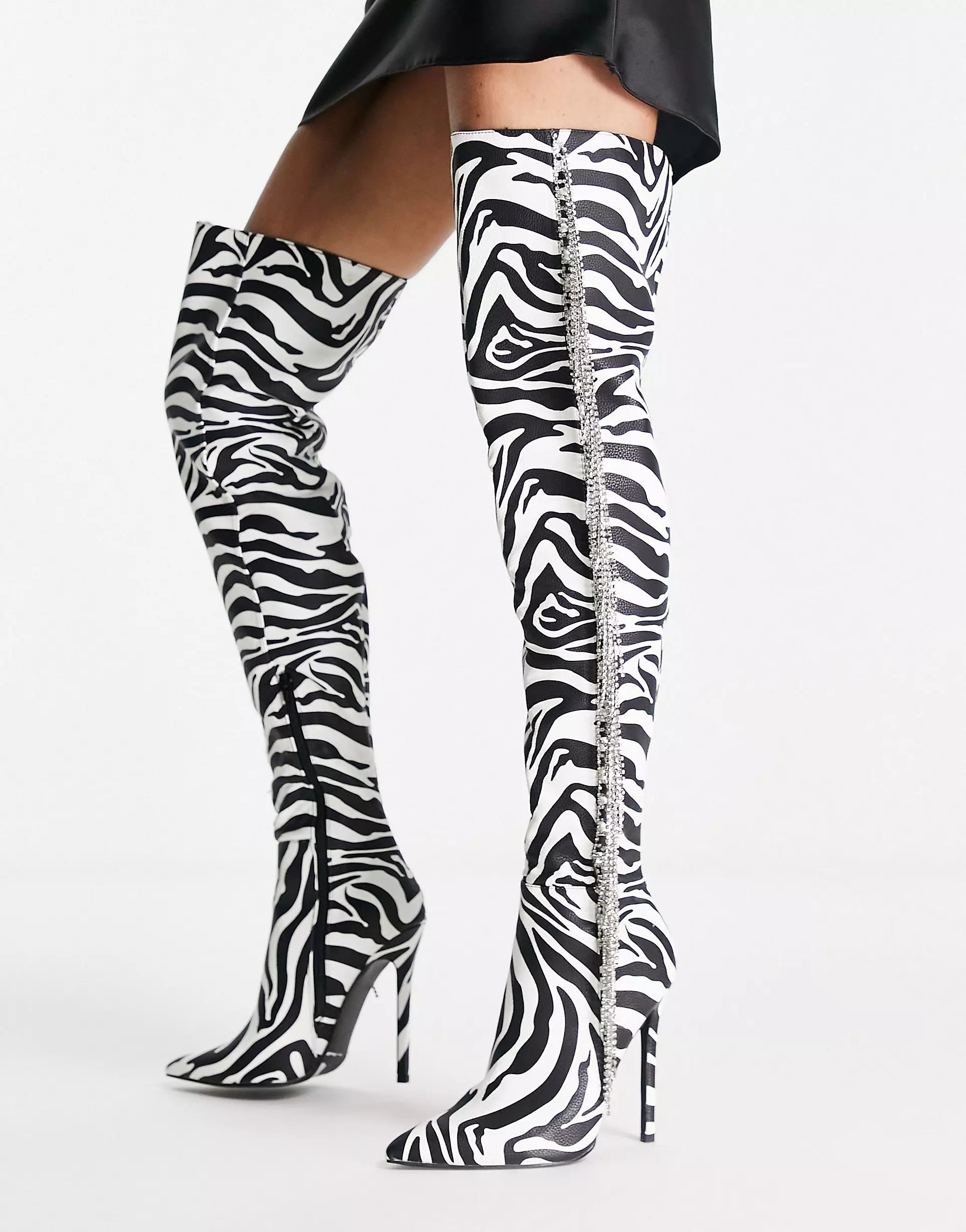 ASOS DESIGN Kim embellished heeled over the knee boots in zebra | ASOS (Global)