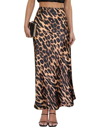 Women's Satin Maxi Skirt High Waisted Elastic Waistband Silk A-Line Casual Party Leopard Print Long Skirts for Women (Cheetah Print, Large) | Amazon (US)