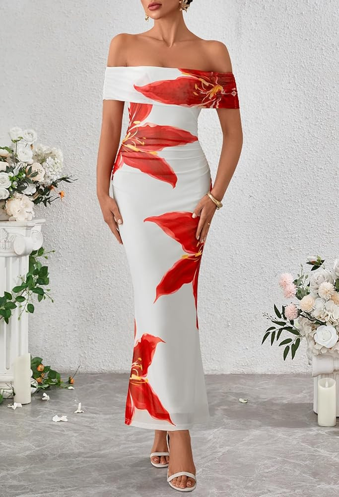 MEROKEETY Women's Summer Off Shoulder Floral Maxi Dress 2025 Formal Wedding Guest Cocktail Bodyco... | Amazon (US)
