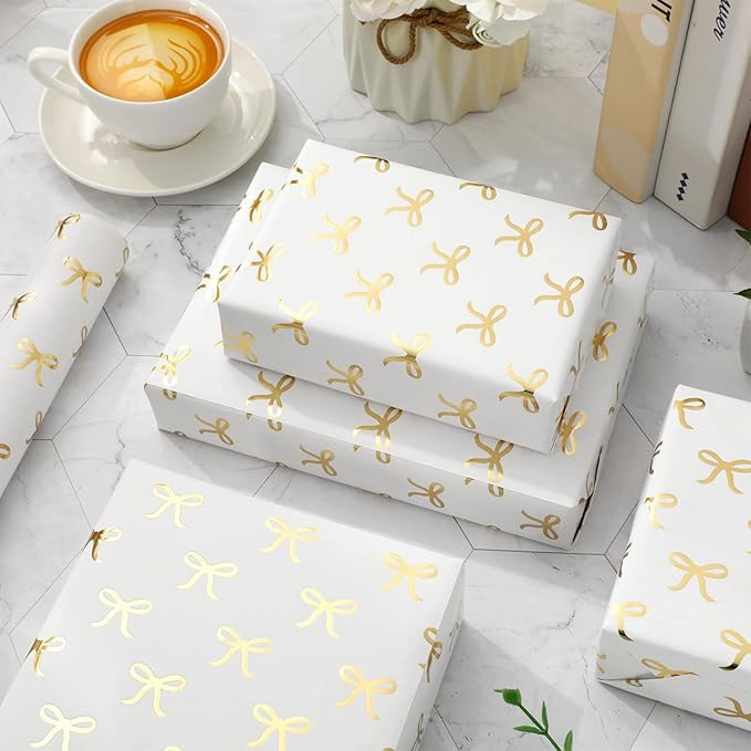 JarThenaAMCS Gold Foil Bow Wrapping Paper -Mini Roll- 17In x 32.8Ft White Gold Bowknot Gift Wrap ... | Amazon (US)
