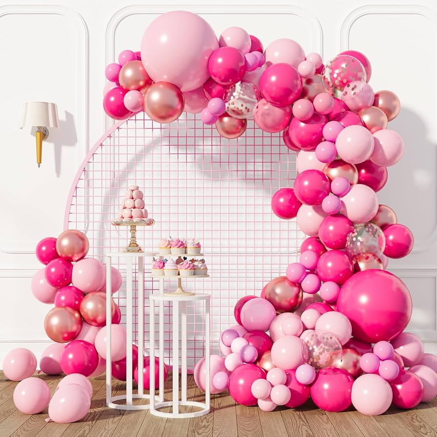 RUBFAC 160pcs Pink Balloon Arch Garland Kit, Hot Pink Rose Gold Metallic Confetti Balloons for Bi... | Amazon (US)