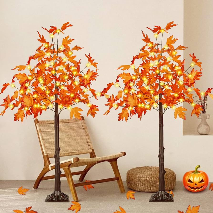2 Pack 4FT Lighted Maple Tree 100 LED Artificial Fall Tree for Home Decor | Amazon (US)